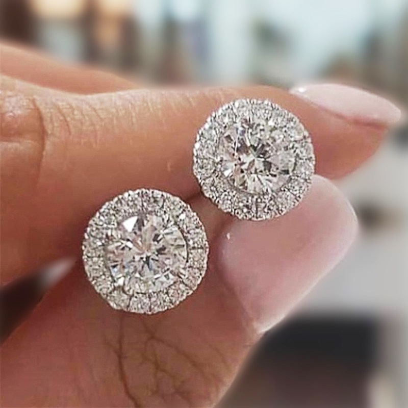 100% solid 925 เงินสเตอร์ลิงคลาสสิกรอบ Cubic Zirconia Prong การตั้งค่าผู้หญิงต่างหู 6 สีที่ละเอียดอ่อนงานแต่งงานหมั้นชุดราตรีเครื่องประดับ