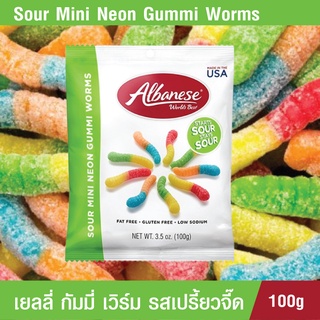 Albanese Sour 12 Flavor Mini Neon Gummi Worms กัมมี่รูปหนอน 12 รสชาติแสนอร่อย กัมมี่เยลลี่ เยลลี่เปรี้ยวจี๊ด 100 กรัม