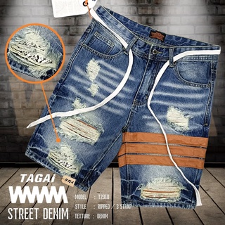 TAGAI DENIM 2310 กางเกงยีนส์สีฟอก คาดแถบหนังสีน้ำตาล