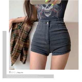 S-XL 🍉 กางเกงขาสั้นเกาหลีสีเทาเอวสูง Slim Skinny Shorts Straight Casual Wide Leg Hot Pants