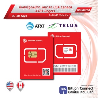 USA Canada Sim Card 2-20GB AT&amp;T Telus: ซิมสหรัฐอเมริกา แคนาดา 15-30 days ซิมต่างประเทศ Billion Connect