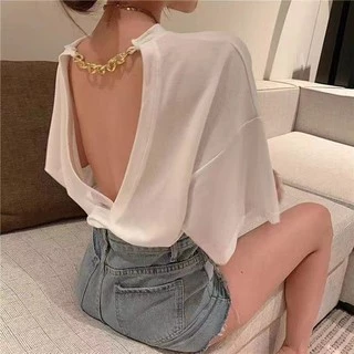 Cicishop(8990)เสื้อยืดทรง Oversize แต่งโซ่เว้าหลัง ผ้านิ่ม ใส่สบาย