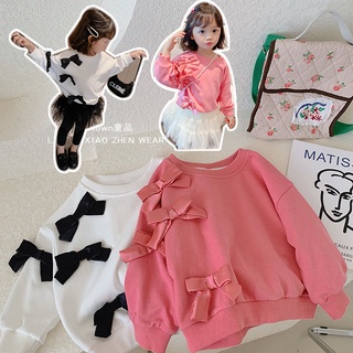 Autumn Spring Kids Girls Sweatshirts Crewneck Long Sleeve Casual Pullover Cute Bowknot Hoodie Top Tee Children Clothing Outfits 1-9T