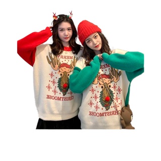 [โค้ดลดเพิ่ม DDAY1215] CICISHOP (พร้อมส่ง)( 39058 )เสื้อไหมพรมแขนยาว Merry crissmoose ใส่ช่วงเทศกาล