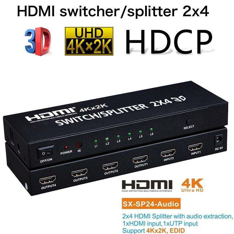 ลดราคา HDMI 4K*2K 1080P 3D 2x4 Matrix HDMI Video Switch Splitter Amplifier 1.4a Full HD w/ Remote #สินค้าเพิ่มเติม สายต่อจอ Monitor แปรงไฟฟ้า สายpower ac สาย HDMI