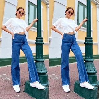 💎🌸💐HM65-6670 กางเกงยีนส์เอวสูง สีเข้ม กระดุมข้าง KIRI
