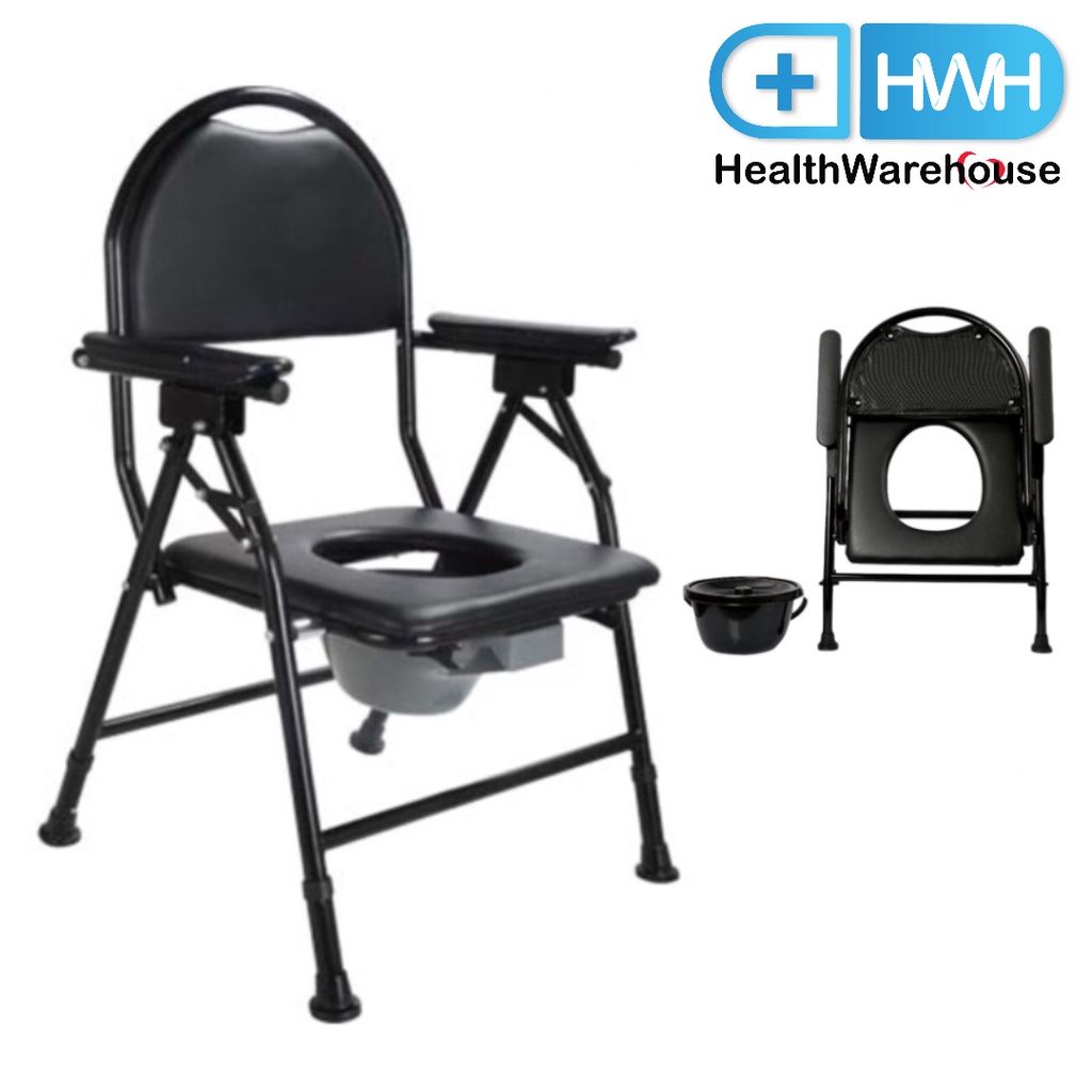 เก้าอี้นั่งถ่าย พับได้ พร้อมพนักพิง และ ถัง เหล็กชุบโครเมียม สีดำ Steel Foldable Commode Chair