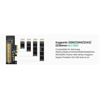 UGREEN รุ่น 30715 NVMe PCIe Adapter, M.2 SSD to PCIe 4.0 X16/X8/X4 Card with Heat Sink, M.2 PCIe Adapter for M-Key