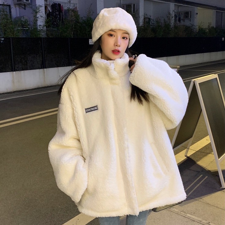 เสื้อกันหนาวขนสัตว์ ทรงหลวม มีซิป สำหรับผู้หญิง