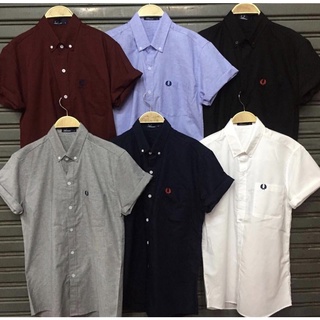 Fredperryแขนสั้นสีพื้นงานมีป้ายคอกระเป๋าหน้าอกเนื้อผ้าอ๊อกฟอต