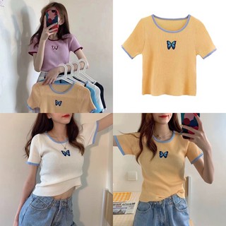 Lemon_vibes 🦋💛  “พร้อมส่ง” เสื้อยืดปักลายผีเสื้อ (รหัส 3136)