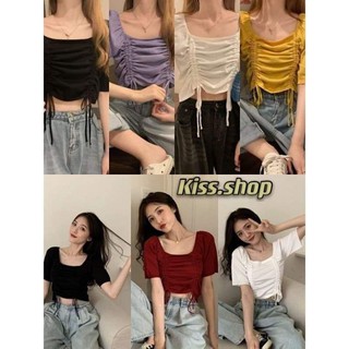 Kiss.shop🌟พร้อมส่ง🌟เสื้อยืดจั๊มแขนแต่งรูดหน้าได้น่ารักสุ๊ดๆ(F832)