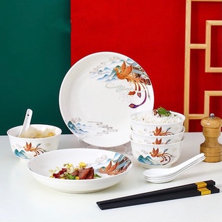  Tableware ชุดจานชาม ชุดจานชามเซรามิค ลายนกฟีนิกซ์ ชามลายเซรามิก จานลายเซรามิคกระเบื้อง 1เซ็ต /10ชิ้น NO.Z2