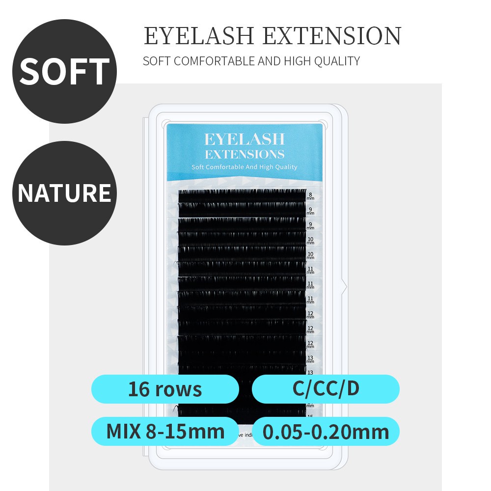8-15mm Mix ขนตาปลอมขยายดวงตาขนตาปลอมนุ่มยาวธรรมชาติคุณภาพสูง C C D Dd 16 แถว