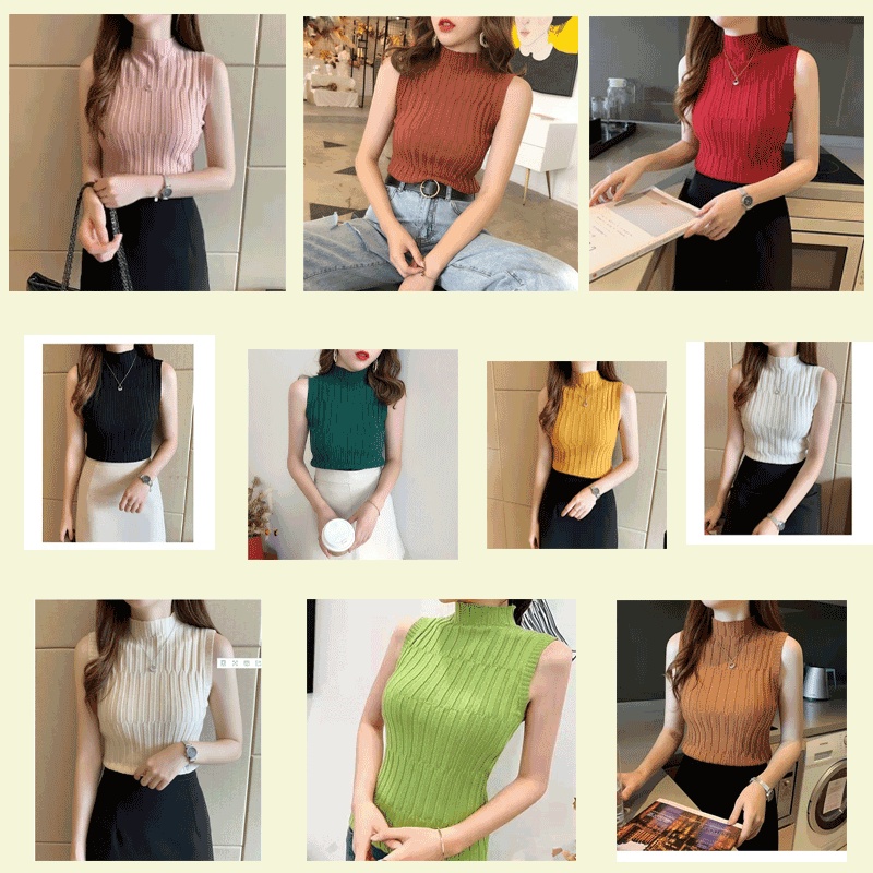 anna  476 เสื้อท็อปแขนกุด ชนิดผ่าแขน ผ้าไหมพรม คอเต่า สีสวย ผ้าบาง ใส่สบาย ยืดตามตัว ผ้าไหมพรมแขนสั้น ราคา ถูกที่สุด ดีลบีเคเค แกลเลอรีภาพที่ 2