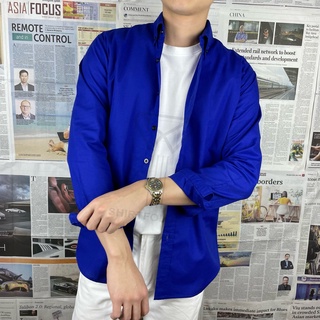 SHIRTFOLDING เสื้อเชิ้ต แขนยาวคอปก สีน้ำเงิน กระดุมดำ