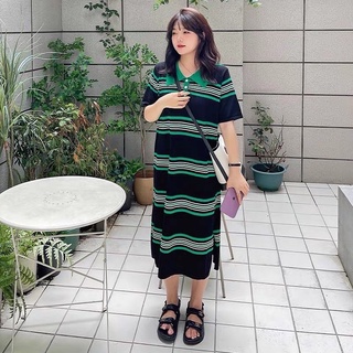 🌈🌿🌸🌼🌺💚💙🧡🇰🇷Knit Stripe Polo Maxi Dress