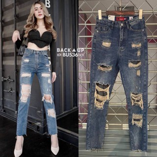 Back Up Jeans BU​ 536 กางกางยีนส์ผ้าด้านทรงกระบอกเล็กแต่งขาดเซอร์