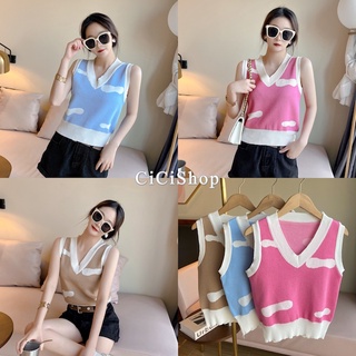 Cicishop(A923-2)เสื้อกั๊กไหมพรม ดีเทลลาย น่ารักสุดๆ สีพาสเทลน่าสดใส สไตล์เกาหลี ใส่สบาย