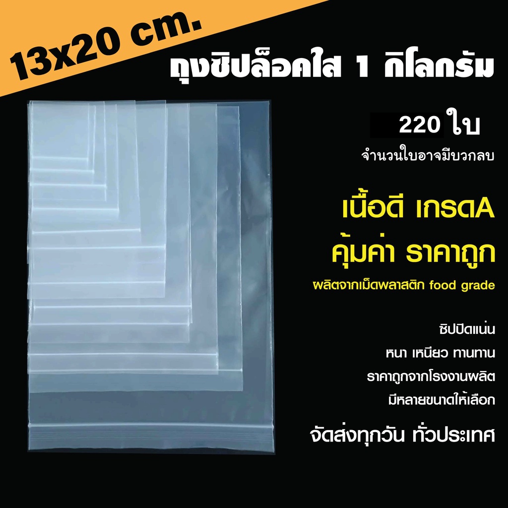 ซองซิปใส คุณภาพดีเกรด A ขนาด 13x 20 cm. แพค 1 กก.