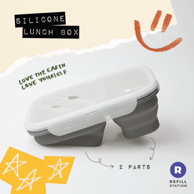 Refill Station Collapsible Silicone Lunch Box (2 sections) กล่องข้าวซิลิโคนพับได้ (2 ช่อง) (350g)