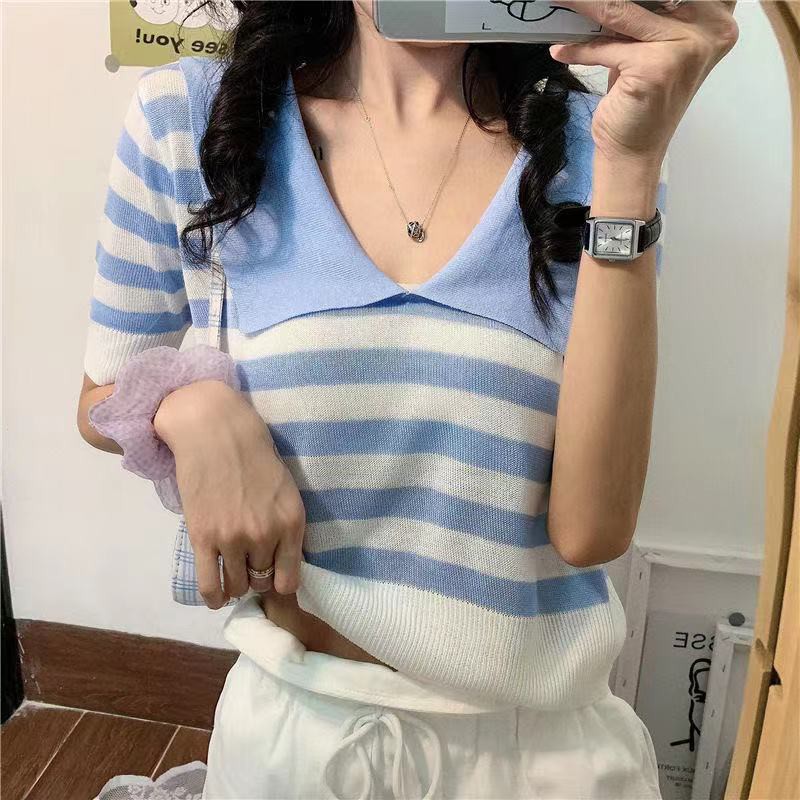 Bonnie(พร้อมส่ง/5710)2021เสื้อสเวตเตอร์ครอฤดูร้อนเสื้อยืดแขนสั้นเอวสูงหญิงสไตล์เกาหลีสีลาย