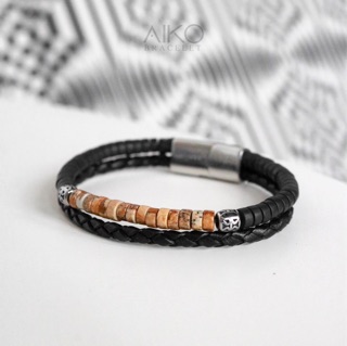 The Jupiter กำไลหินมิกซ์หนัง (Picture Jasper/ Matte Black Onyx)