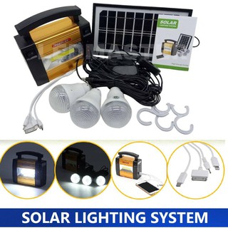 SOLAR LIGHTING SYSTEM ชุดไฟโซล่าเซลล์แคมป์ปิ้งเอนกประสงค์ อุปกรณ์ครบชุด ฟรี !! หลอดไฟ led 3 หลอด ไฟฉาย