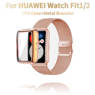 2 in 1 สายนาฬิกาข้อมือมิลาน โลหะ TPU พร้อมเคสป้องกัน สําหรับ Huawei Watch Fit 2