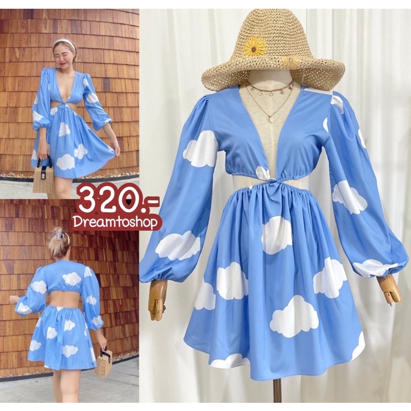 DD389 เดรสแขนยาว ผ้าดิจิตอลลายก้อนเมฆ