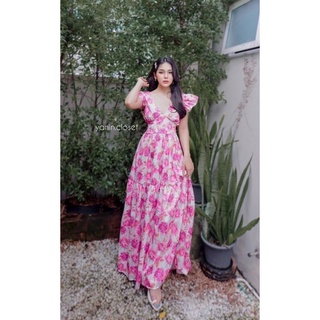 AVA Floral Maxi dress เดรสคอวีไหล่ระบายผ้าพริ้ว ผูกหลัง ผ้าลายดอก