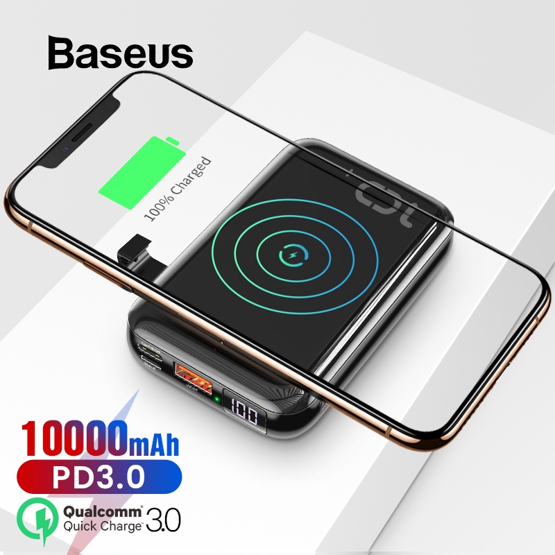 baseus mini s 10 w 10000 mah qi อุปกรณ์ชาร์จแบตเตอรี่แบบไร้สายสําหรับ iphone samsung huawei powerbank pd quick charge 3 . 0