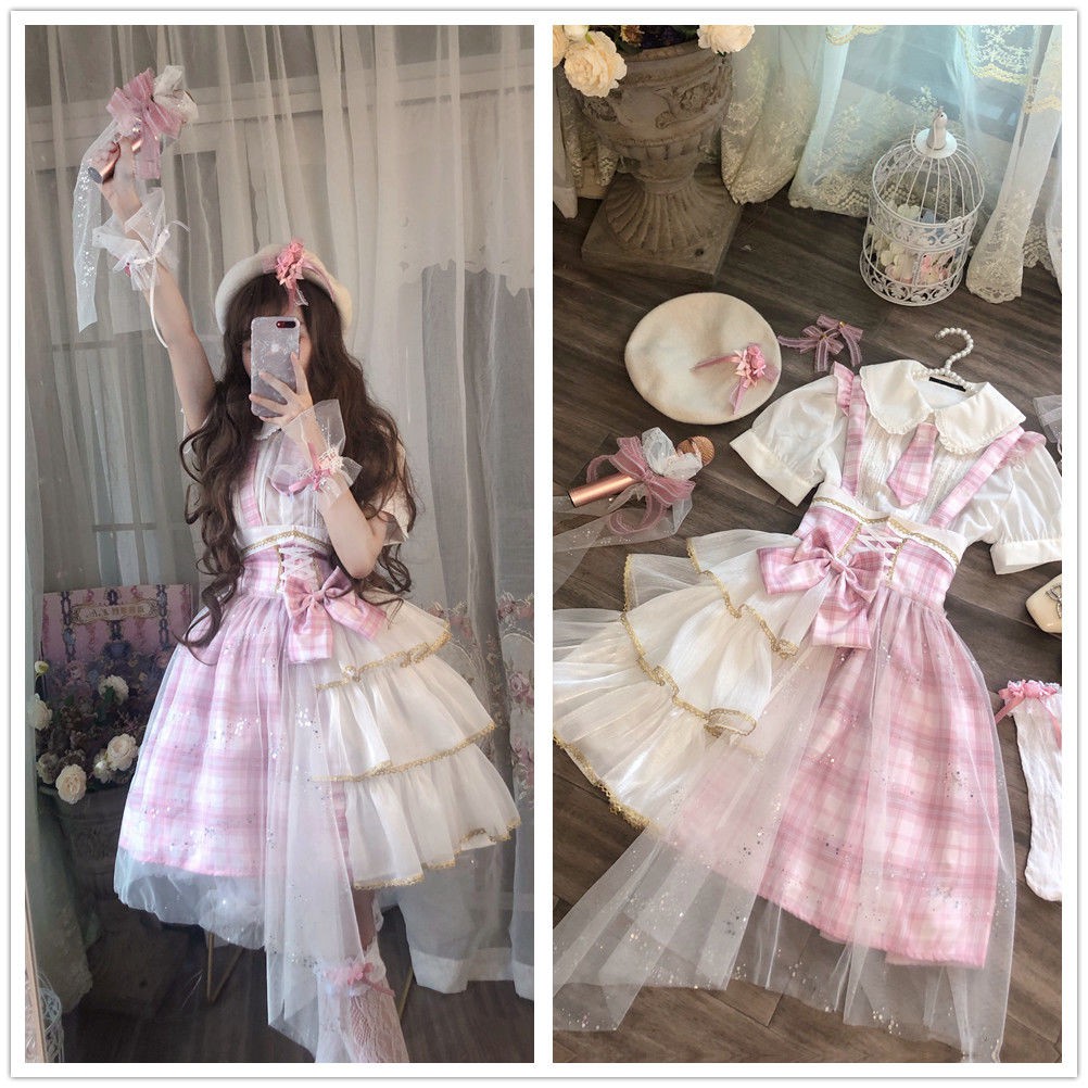 🎀ชุดโลลิต้า🎀 ชุดโลลิต้าญี่ปุ่น ชุดโลลิต้าสีชมพู  ไม่รวมเสื้อ เดรสลายสก๊อต lolita น่ารัก ชุดเจ้าหญิงท
