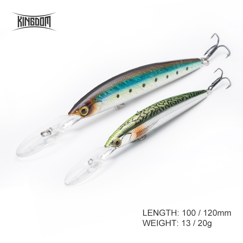 Kingdom ใหม่ เหยื่อตกปลากะพงยาว แบบแข็ง 100DR 100 มม. 120 มม. Minnow wobblers ความลึก 6-10 ฟุต