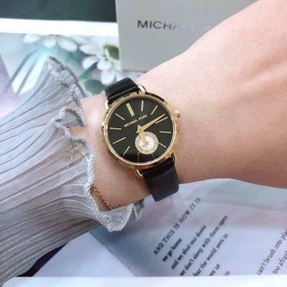 (ผ่อน0%) นาฬิกา Michael Kors MK2750  Womens Petite Portia Three-Hand Black Leather Watch ตัวเรือนสีทอง หน้าปัดดำ 28มม.