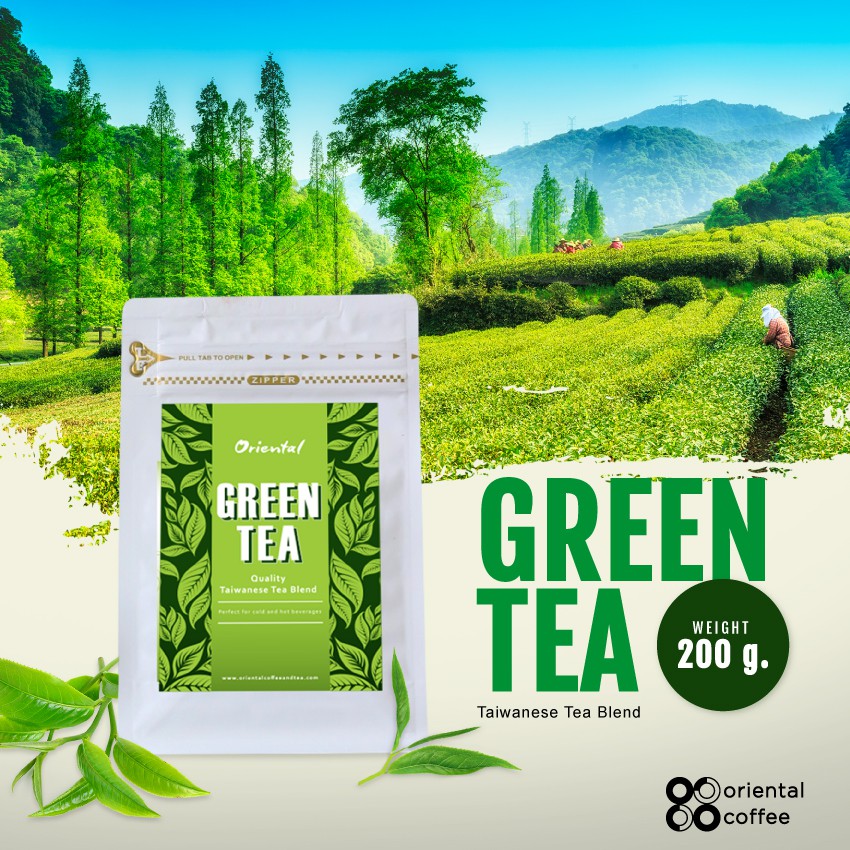 ชาเขียว ใบชาบด 100% Oriental Green Tea ชาเขียวไต้หวันผสมดอกมะลิแห้งหอมกลิ่นมะลิเบาๆสีเขียวไม่เข้มมาก