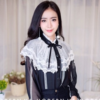 เสื้อสีดำ-ขาว ปกลูกไม้ งานสวย อกได้ถึง38