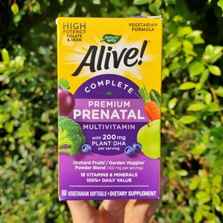 วิตามินรวมสำหรับคนตั้งครรภ์ Alive Complete Premiun Prenatal Multivitamin With 200mg Plant DHA 60 Sofgels (Natures Way®)