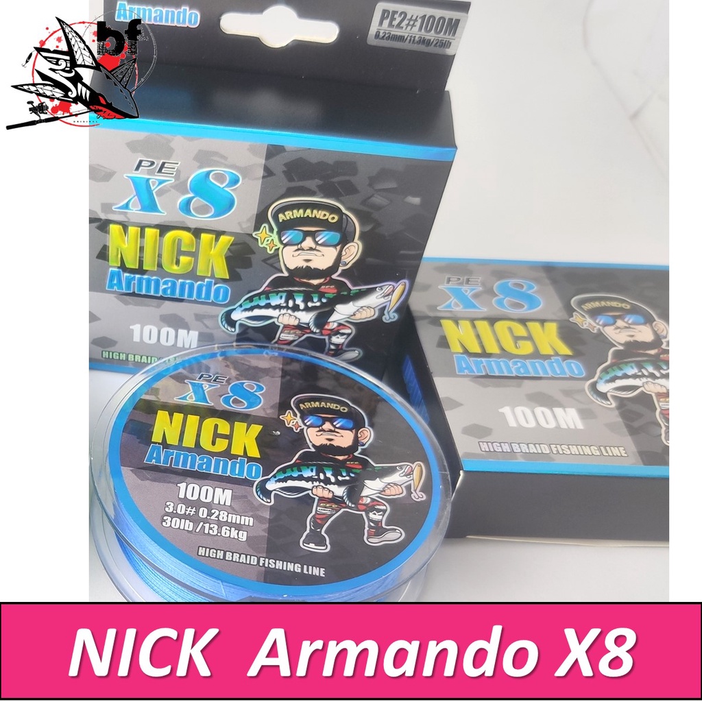 สาย pe x8 Nick Armando สายถัก8 สีฟ้า ขนาด #2.0/25lbs #3.0/30lbs ยาวม้วนละ 100 เมตร นิ๊ก อาร์มัน