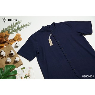 เสื้อแขนสั้นลำลอง สีน้ำเงิน กระดุมยาว Mens casual mandarin collar shirt short sleeve