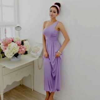 Sexy maxi dress ผ้าคอตตอนผสม spandex  สีม่วง ไหล่เฉียง