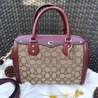 IVIE BENNETT SATCHEL IN SIGNATURE JACQUARD (COACH F38112) KHAKI/WINE/LIGHT GOLD