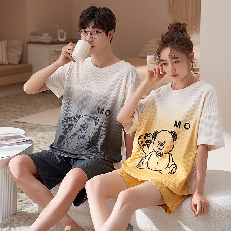 พร้อมส่ง DayDu เซตชุดนอนคู่รัก ผู้ชายผู้หญิงแขนสั้นขาสั้นน่ารัก D24