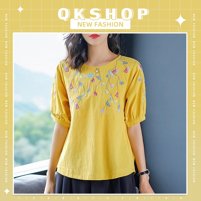 QKshop 💌💫ชวนพี่ชวนเพื่อนมาซื้อกันเร็วจ้าเสื้อคอกลม เเขนจั๊มตุ๊กตา ปักลายดอกไม้มีให้เลือกหลากหลายสีเลยน๊ารับรองใส่แล้วปัง