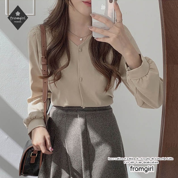 เสื้อเชิ้ตแขนยาว คอวี สีพื้น แบบเรียบง่าย สไตล์เรโทร เหมาะกับฤดูใบไม้ร่วง สําหรับผู้หญิง