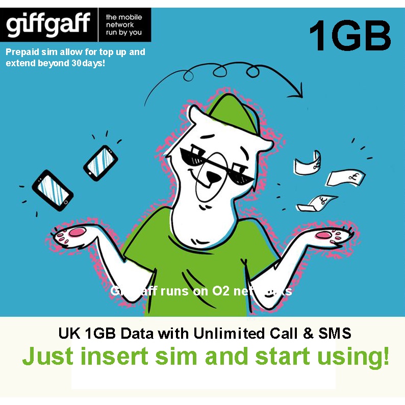 UK Giffgaffif 1GBTravel SIm (การโทรและ sms ไม่จํากัดในสหราชอาณาจักร)