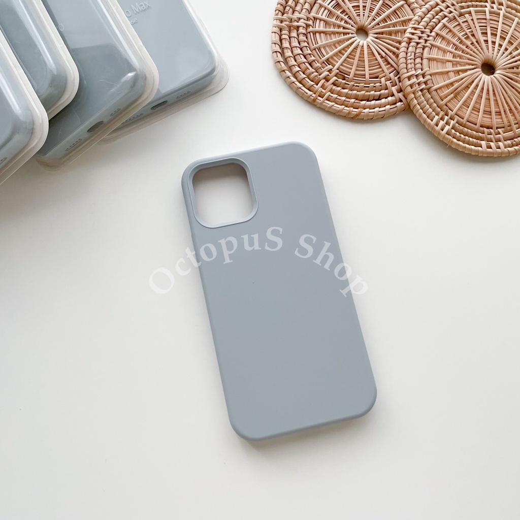 (สีฟ้าอมเทา) เคสซิลิโคนสีล้วน ไม่มีโลโก้ เนื้อซิลิโคน บุกำมะหยี่ ลบรอยปากกาได้ ***พร้อมส่ง 7-16 pro max***