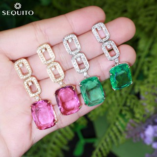 Sequito ต่างหูเงิน 925 ประดับเพทายคริสตัล ทรงสี่เหลี่ยม สีเหลือง สีทอง สีแดง สีเขียว แฟชั่น E463