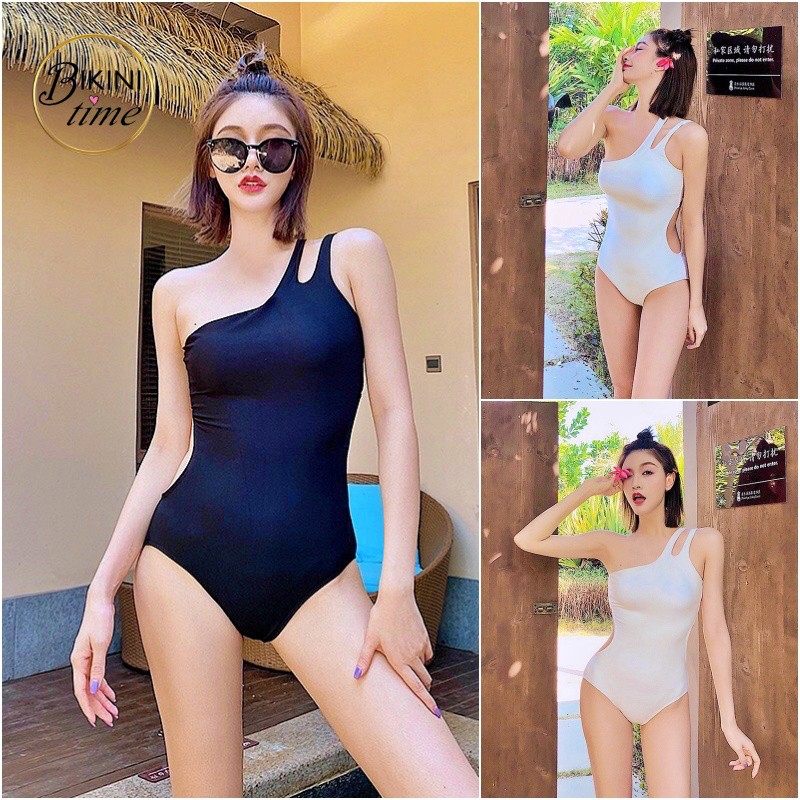BikiniTime (M-XL) SB139 ชุดว่ายน้ำวันพีซ งานผ้าร่อง สายคู่ เปิดไหล่ มีฟองน้ำเสริม มีซับใน บิกินี่ ชุดเที่ยวทะเล