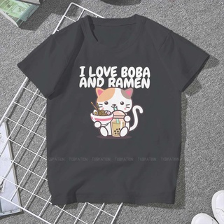 T-shirt  เสื้อยืด พิมพ์ลายกราฟฟิค I Love Boba Milk Tea And Ramen สไตล์วินเทจ สําหรับผู้หญิงS-5XL